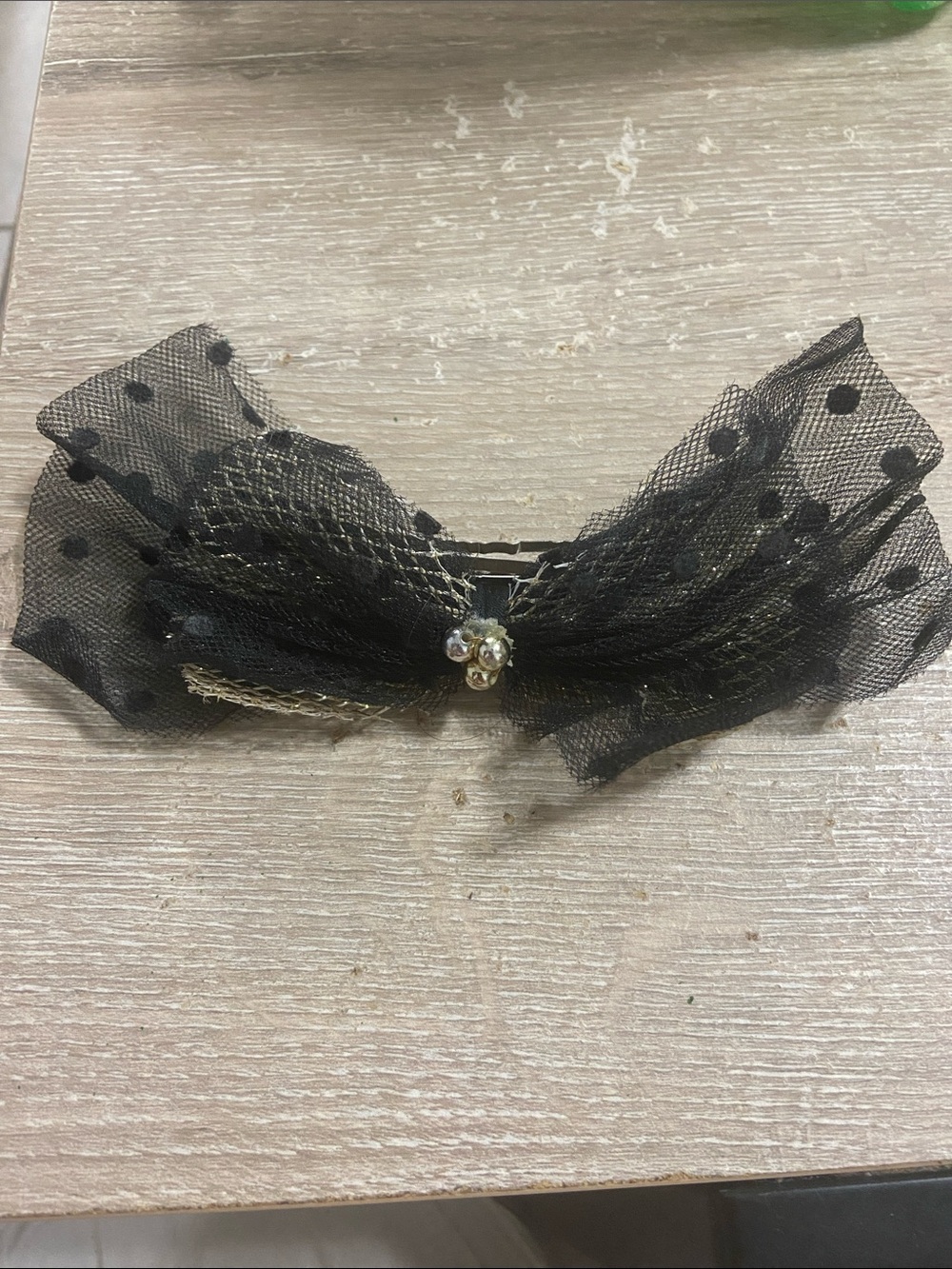 Vintage Black Polka Dot Tulle Bow Hair Clip with Rhinestone Accent